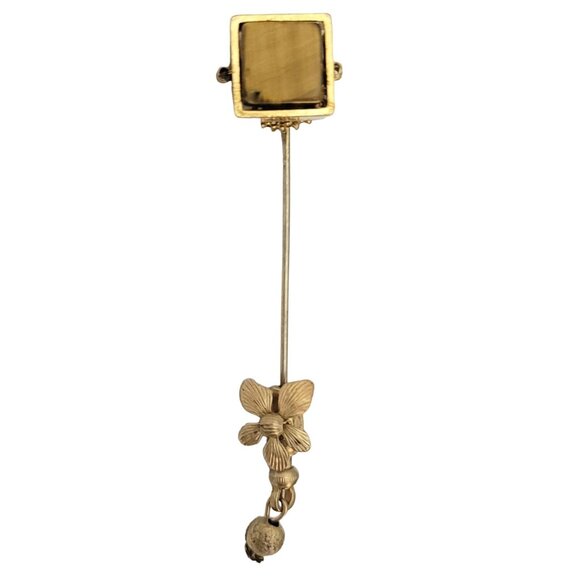 Miriam Haskell Vintage Gold Tone Tiger Eye Cube Stick Pin, M60